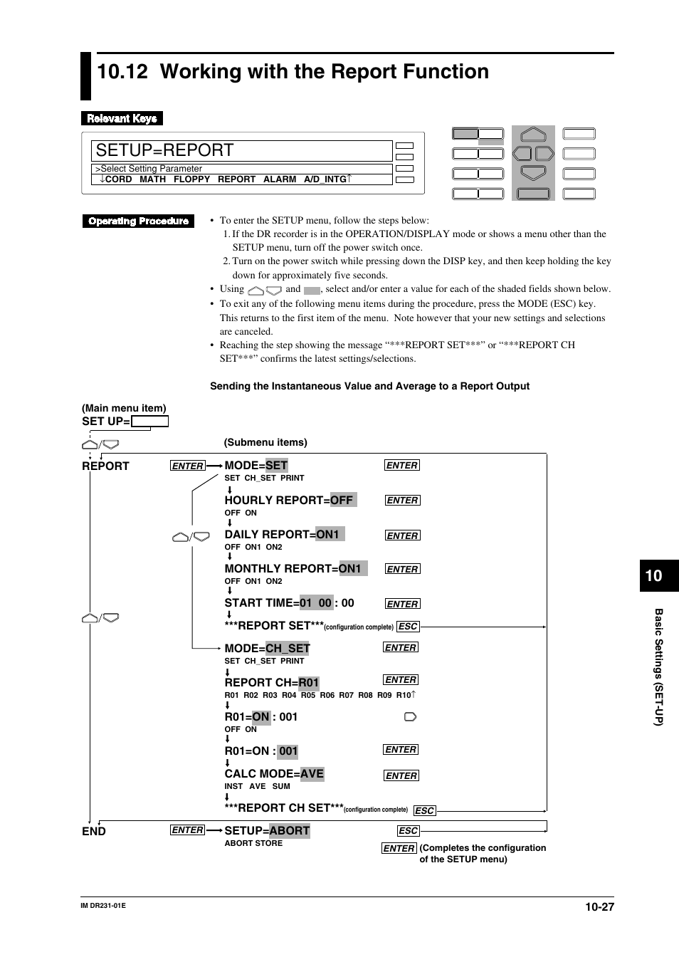 12 working with the report function, 12 working with the report function -27, Setup=report | Mode=set, Hourly report=off, Daily report=on1, Monthly report=on1, Mode=ch_set, Report ch=r01, Report ch set | Yokogawa DR240 User Manual | Page 169 / 255