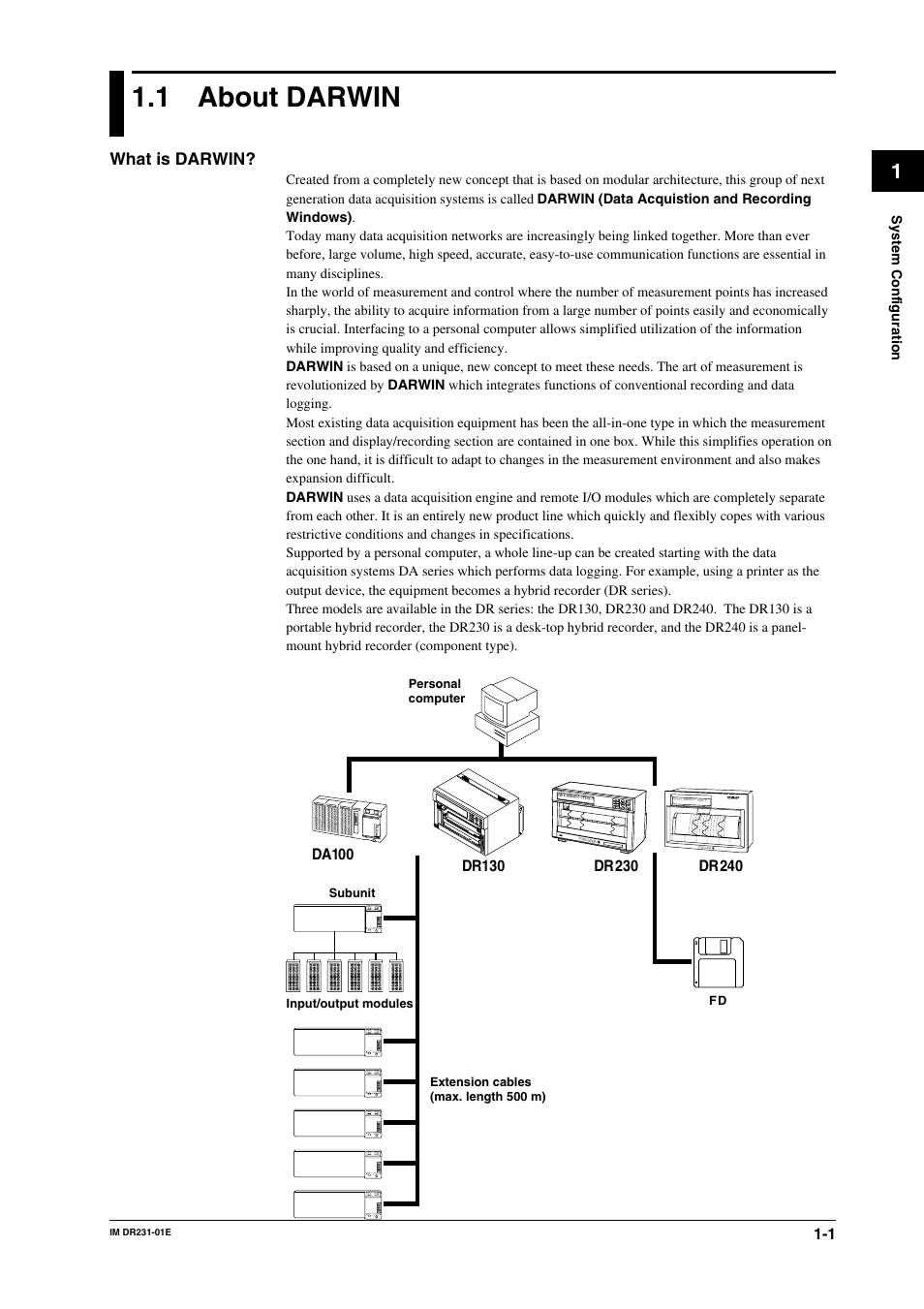 Chapter 1systemconfiguration, 1 about darwin, Chapter 1 | System configuration, About darwin -1 | Yokogawa DR240 User Manual | Page 17 / 255