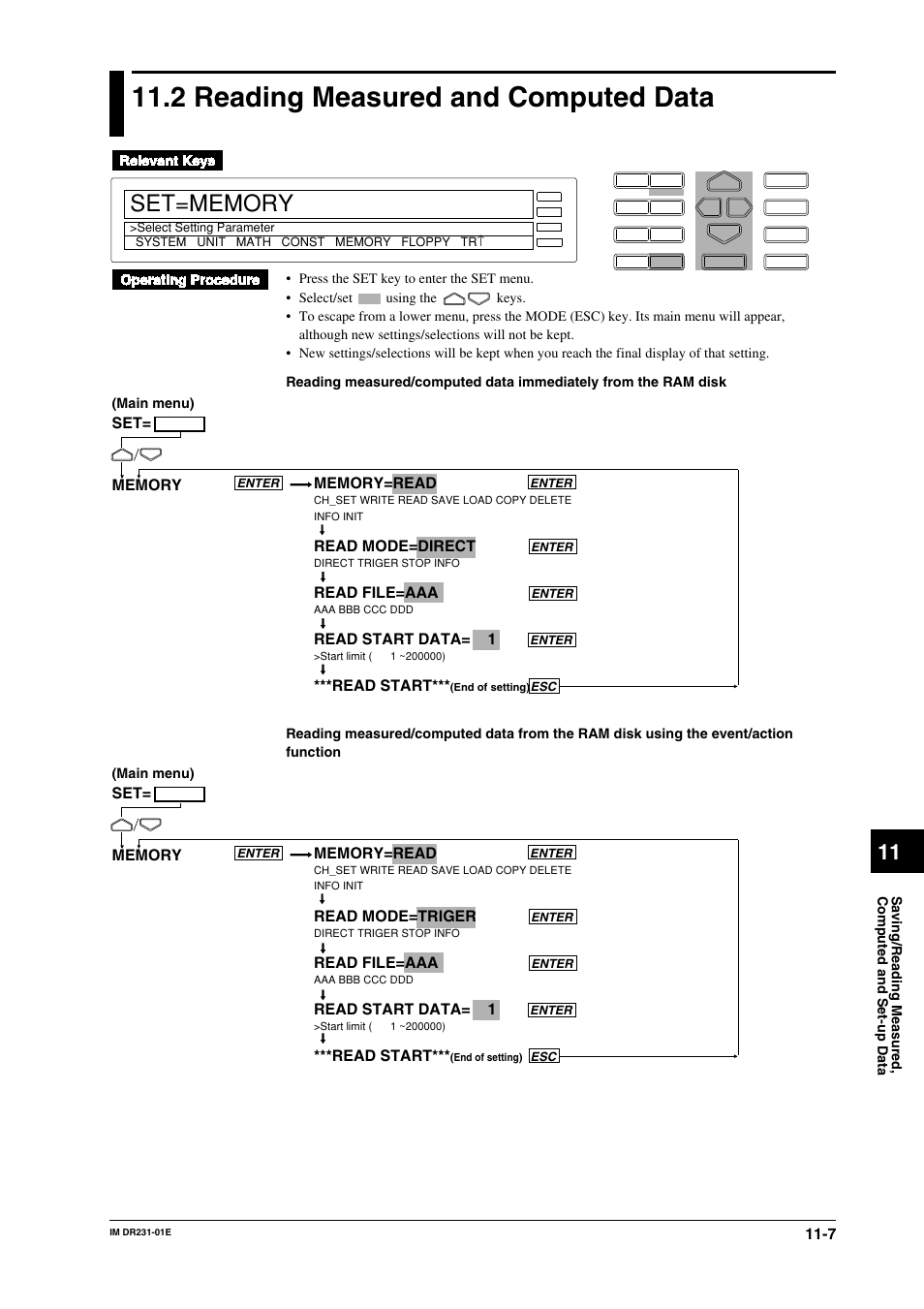 2 reading measured and computed data, 2 reading measured and computed data -7, Read mode=direct | Read file=aaa, Read start data= 1, Read start, Read mode=triger | Yokogawa DR240 User Manual | Page 183 / 255