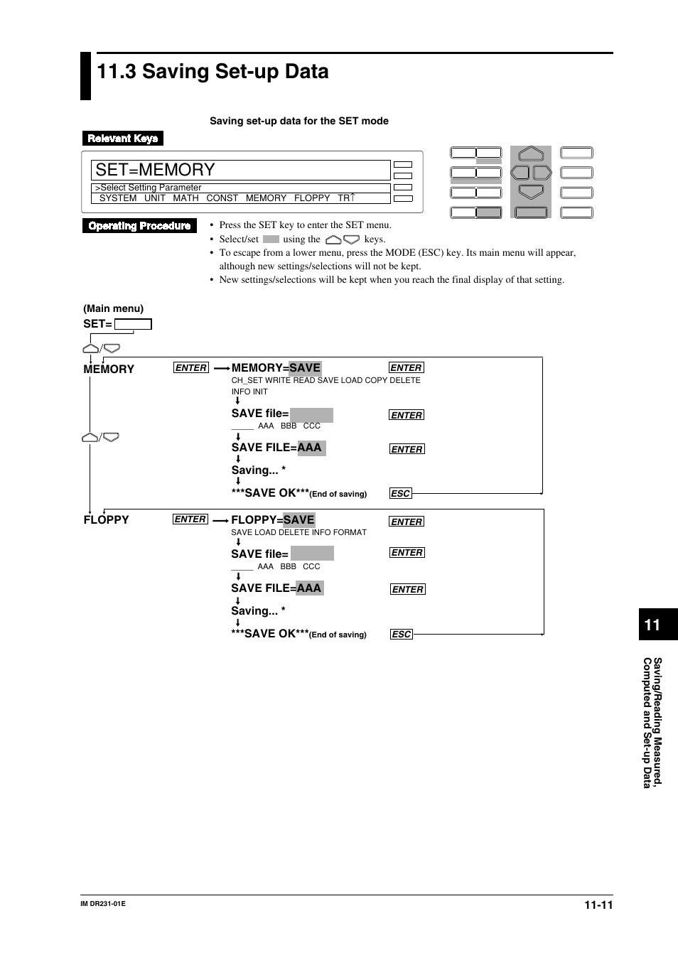 3 saving set-up data, 3 saving set-up data -11, Save file | Save file=aaa saving... * ***save ok, Floppy floppy=save | Yokogawa DR240 User Manual | Page 187 / 255
