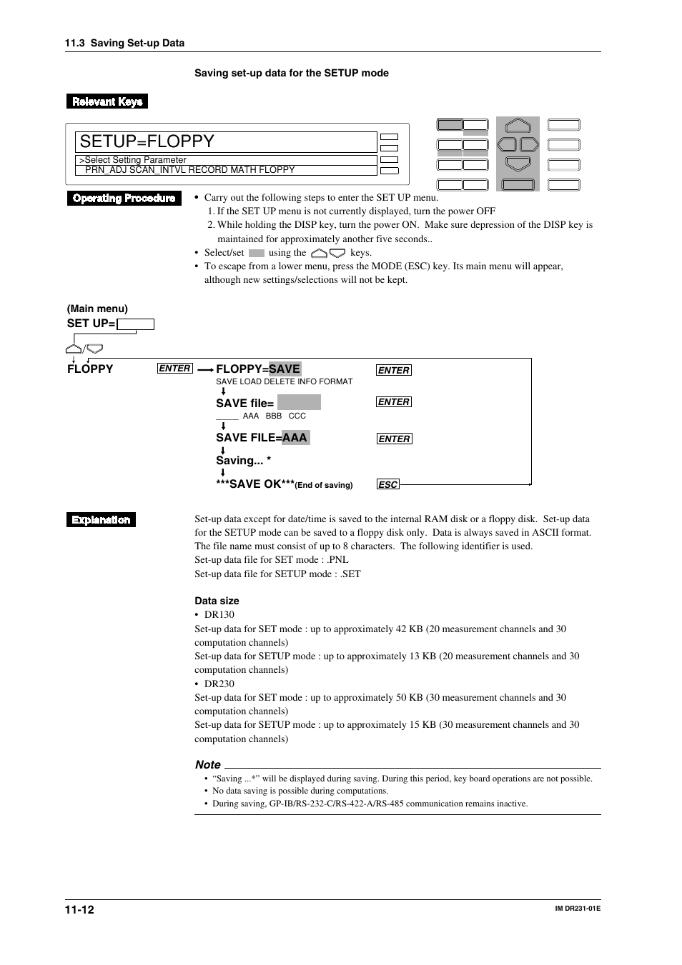 Setup=floppy, Set up, Floppy floppy=save | Save file, Save file=aaa saving... * ***save ok | Yokogawa DR240 User Manual | Page 188 / 255