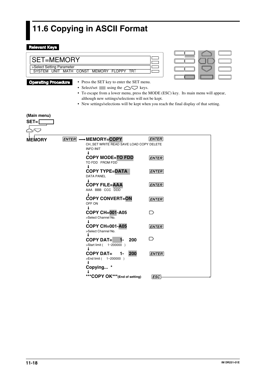 6 copying in ascii format, 6 copying in ascii format -18, Copy mode=to fdd | Copy type=data, Copy file=aaa, Copy convert=on, Copy dat= 1- 200, Copying... * ***copy ok | Yokogawa DR240 User Manual | Page 194 / 255