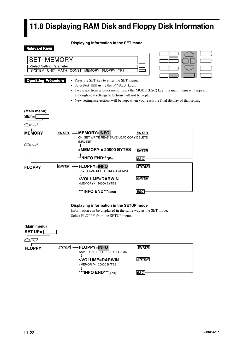 8 displaying ram disk and floppy disk information, Floppy=info, Volume=darwin | Info end, Set up= floppy | Yokogawa DR240 User Manual | Page 198 / 255