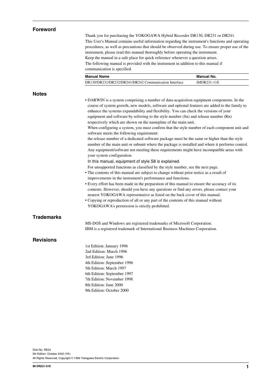 Foreword, Trademarks, Revisions | Yokogawa DR240 User Manual | Page 2 / 255