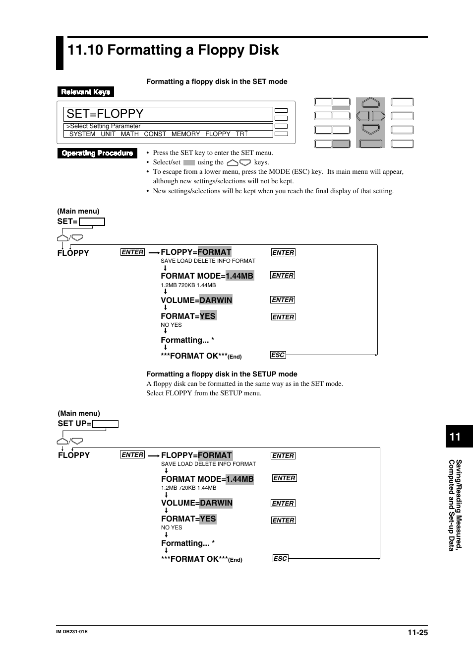 10 formatting a floppy disk, 10 formatting a floppy disk -25, Set=floppy | Floppy=format, Format mode=1.44mb, Volume=darwin format=yes, Formatting... * ***format ok, Set= floppy, Set up, Floppy floppy=format | Yokogawa DR240 User Manual | Page 201 / 255