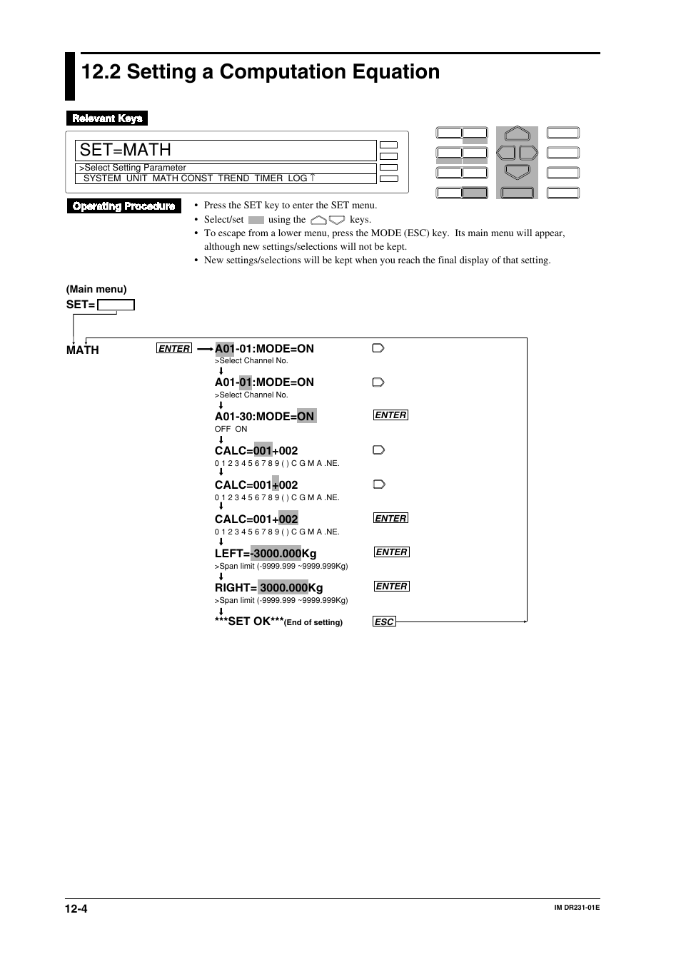 2 setting a computation equation, Setting a computation equation -4, Set=math | A01-01:mode=on, A01-30:mode=on, Set ok, Set= math | Yokogawa DR240 User Manual | Page 206 / 255