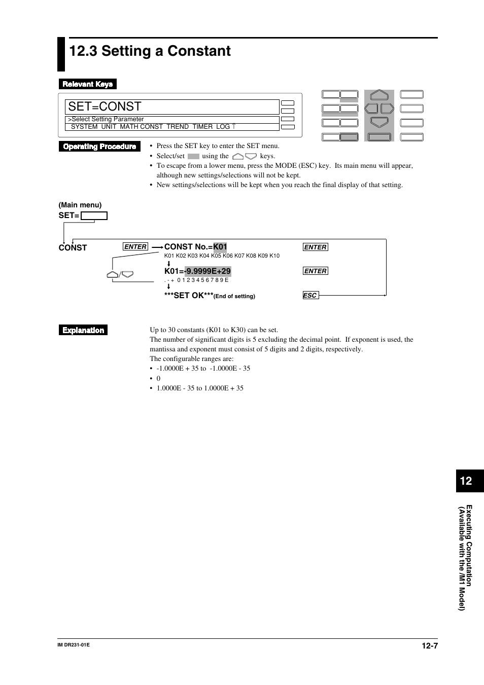 3 setting a constant, Setting a constant -7, Set=const | Const no.=k01, Set ok, Set= const | Yokogawa DR240 User Manual | Page 209 / 255