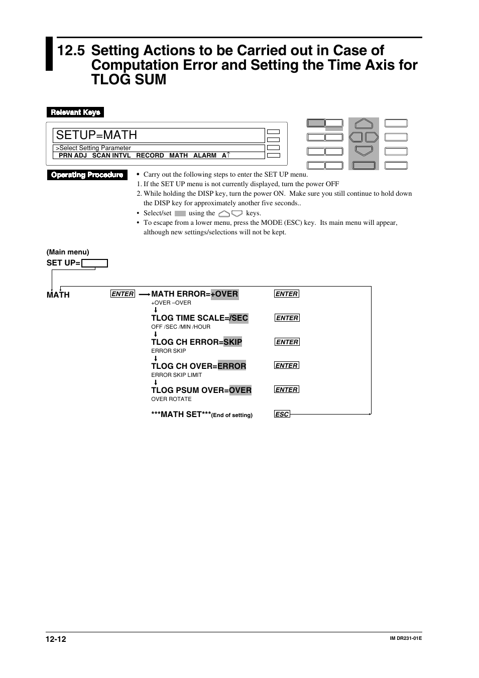 Sum -12, Setup=math, Math error=+over | Tlog time scale=/sec, Tlog ch error=skip, Tlog ch over=error, Tlog psum over=over, Math set, Set up= math | Yokogawa DR240 User Manual | Page 214 / 255