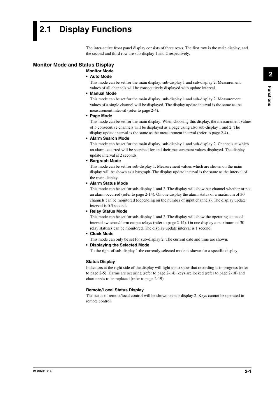 Chapter 2 functions, 1 display functions, Chapter 2 | Functions, Display functions -1 | Yokogawa DR240 User Manual | Page 22 / 255