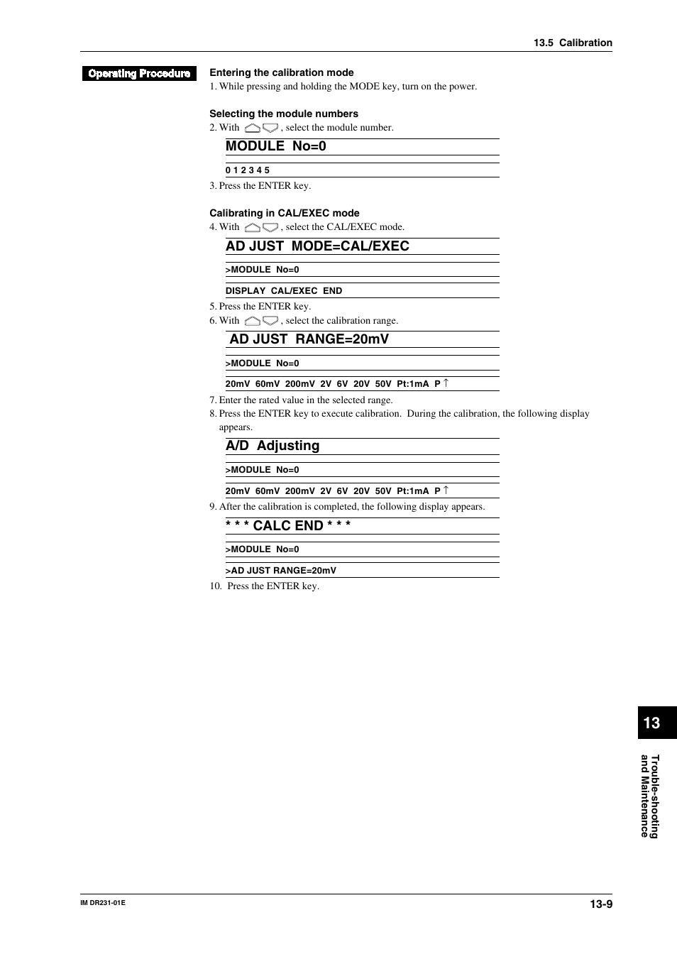 Module no=0, Ad just mode=cal/exec, Ad just range=20mv | A/d adjusting, Calc end | Yokogawa DR240 User Manual | Page 224 / 255