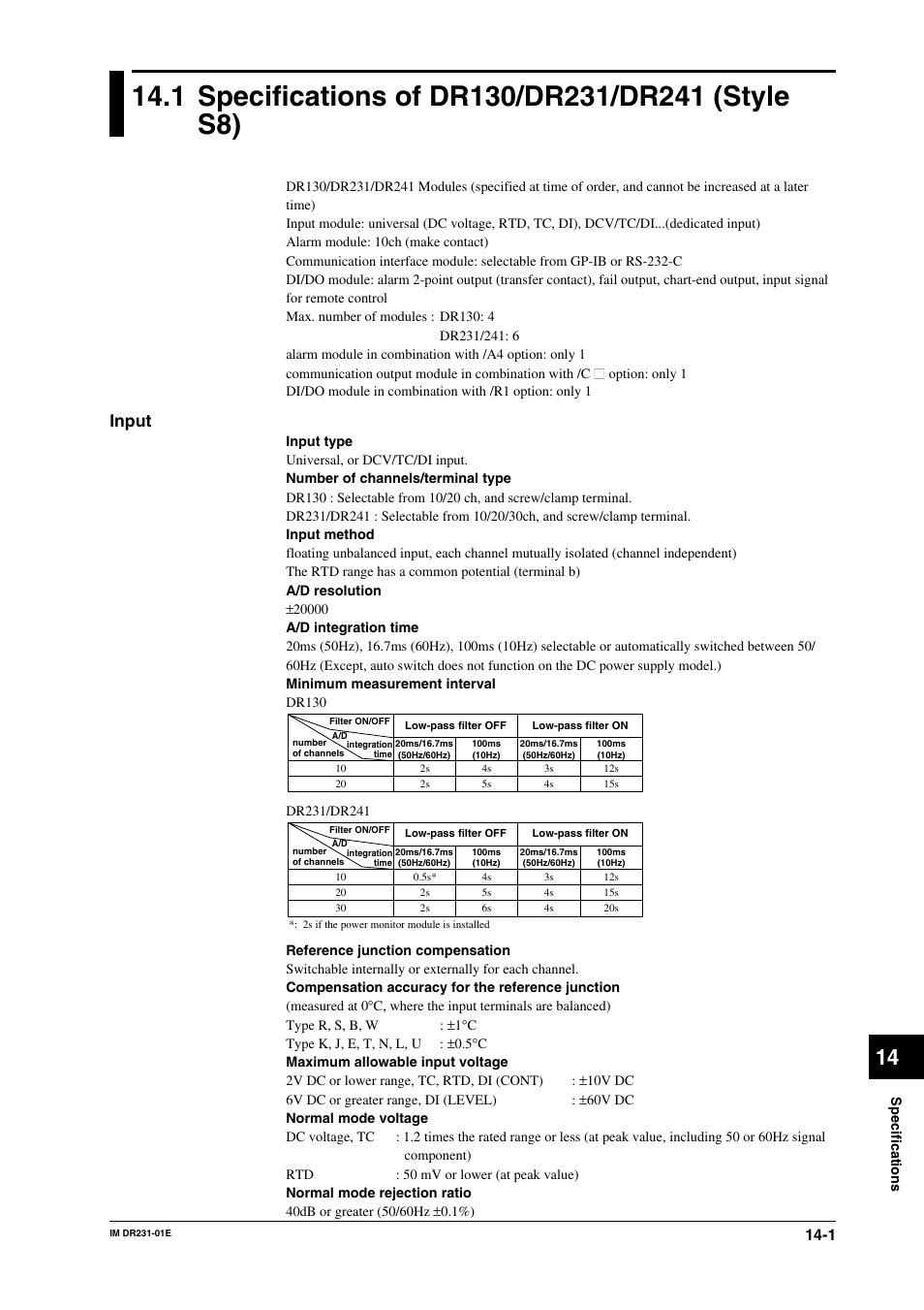 Chapter 14 specifications, 1 specifications of dr130/dr231/dr241 (style s8), Specifications of dr130/dr231/dr241 (style s8) -1 | Input | Yokogawa DR240 User Manual | Page 228 / 255