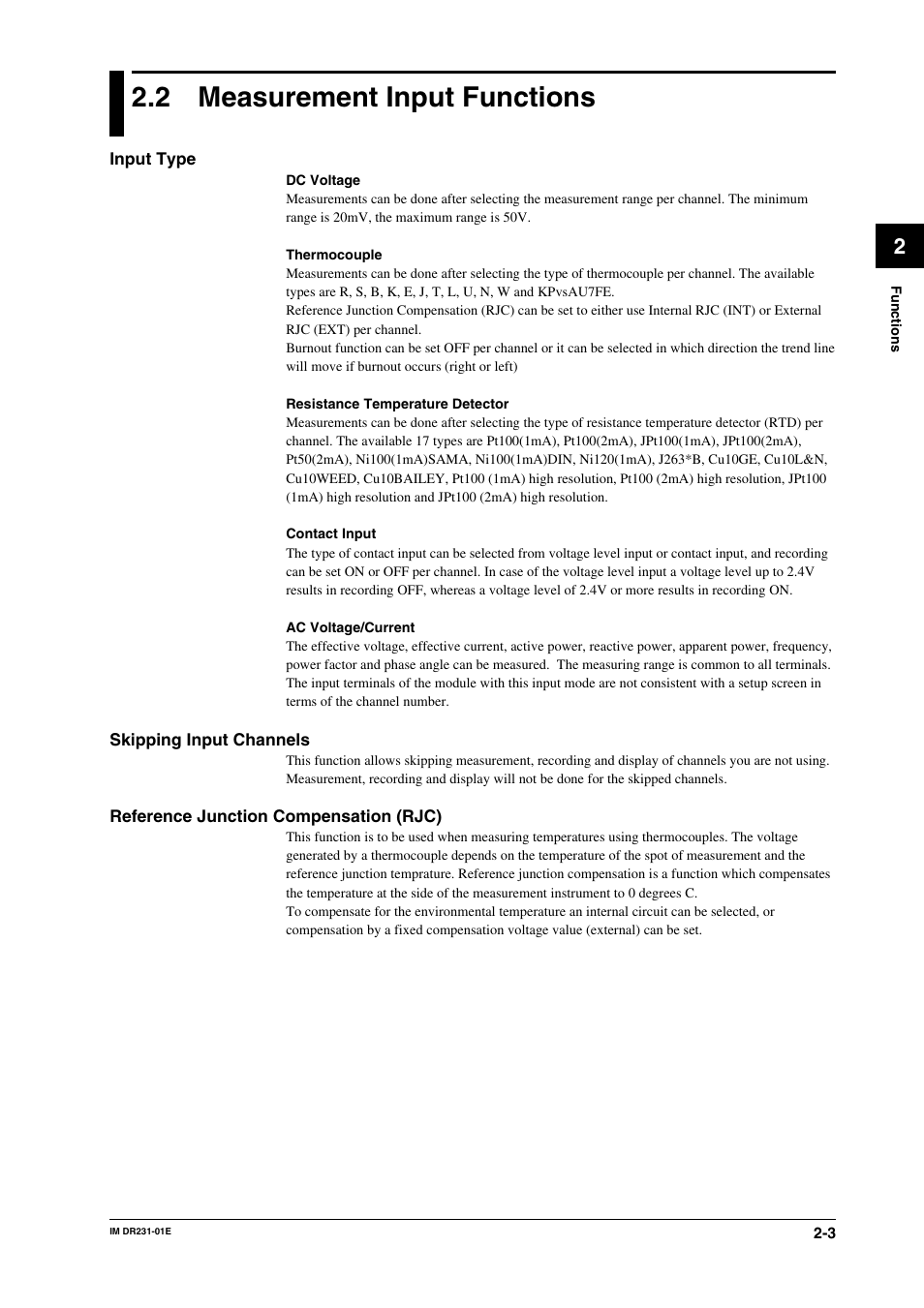 2 measurement input functions, Measurement input functions -3 | Yokogawa DR240 User Manual | Page 24 / 255
