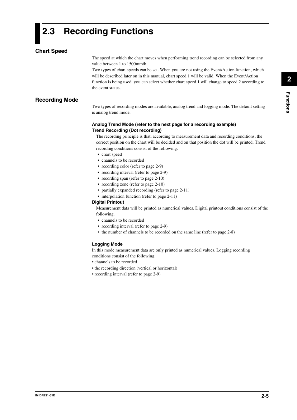 3 recording functions, Recording functions -5 | Yokogawa DR240 User Manual | Page 26 / 255