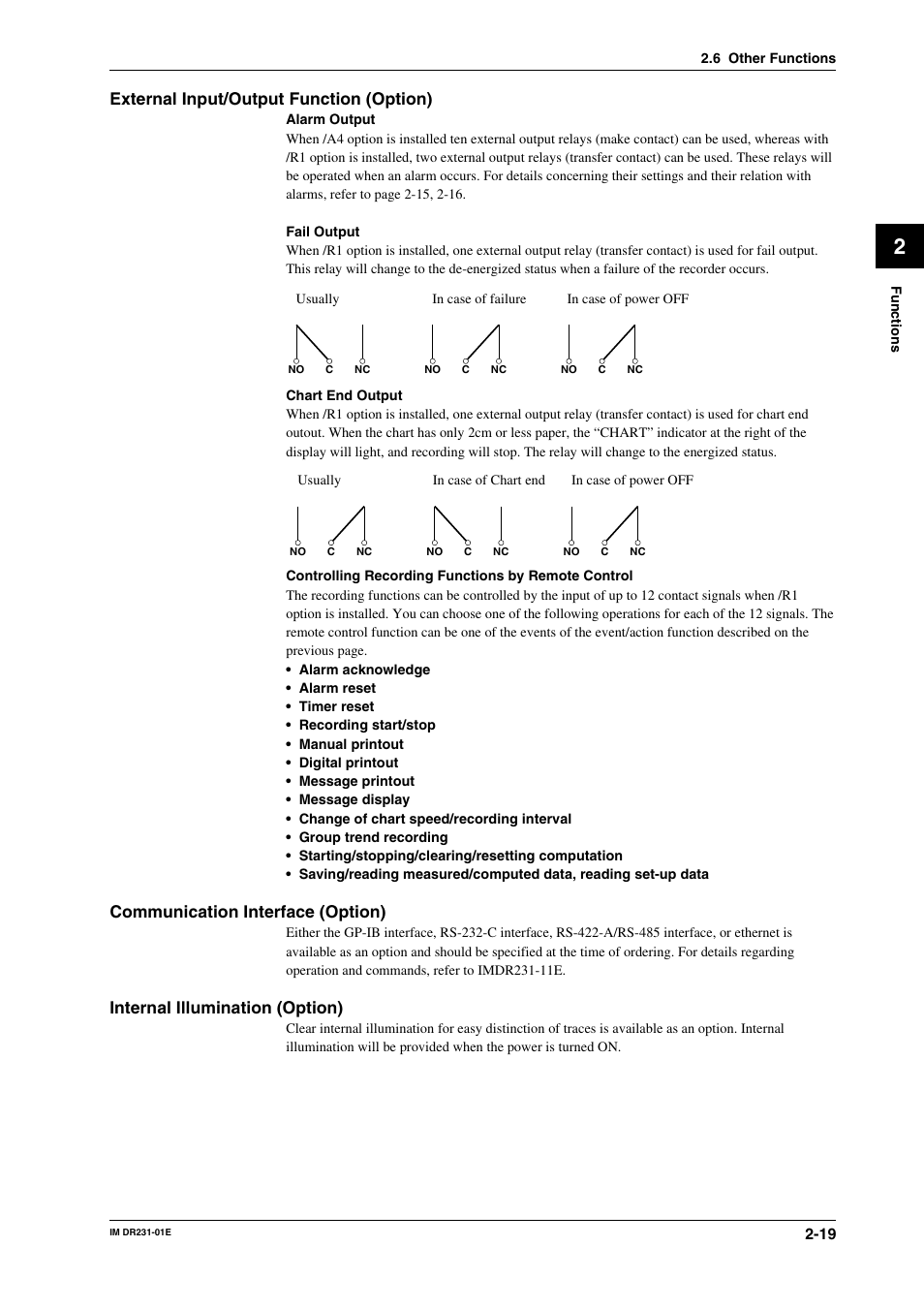 External input/output function (option), Communication interface (option), Internal illumination (option) | Yokogawa DR240 User Manual | Page 40 / 255