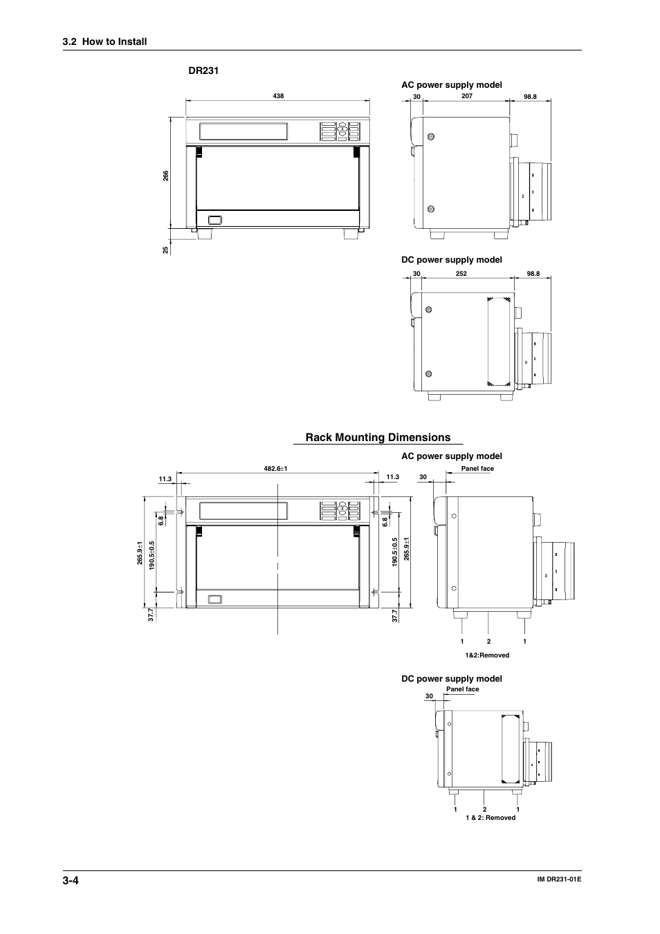 Rack mounting dimensions, Dr231, 2 how to install | Yokogawa DR240 User Manual | Page 45 / 255