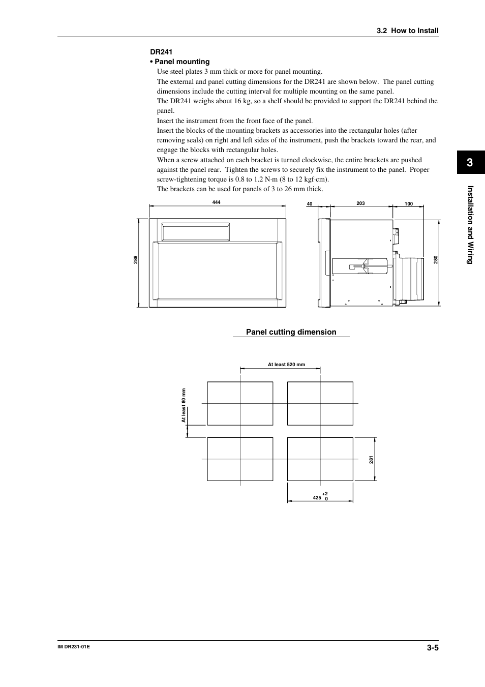 Panel cutting dimension | Yokogawa DR240 User Manual | Page 46 / 255