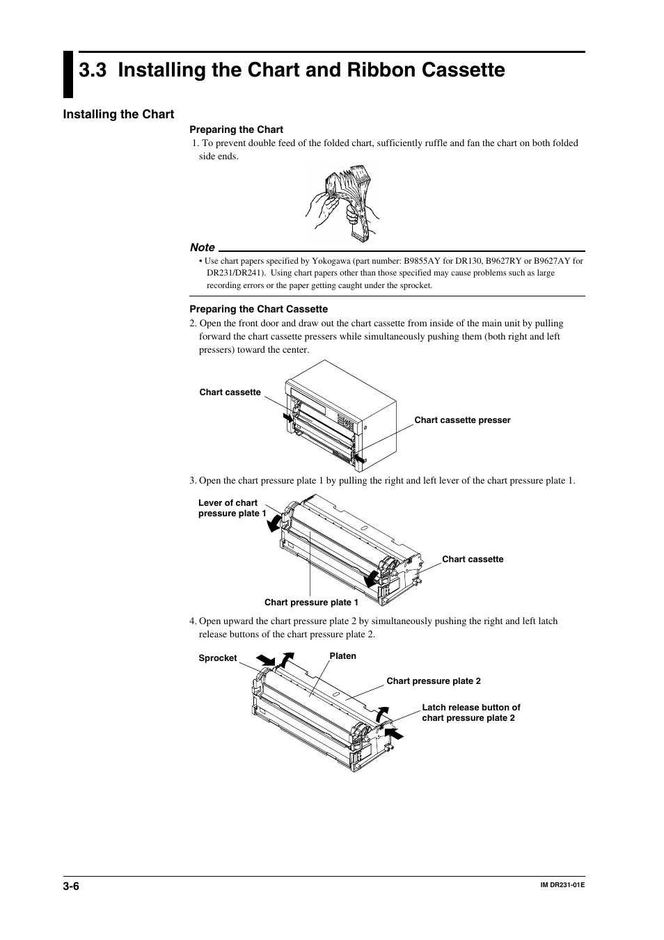 3 installing the chart and ribbon cassette, Installing the chart and ribbon cassette -6 | Yokogawa DR240 User Manual | Page 47 / 255