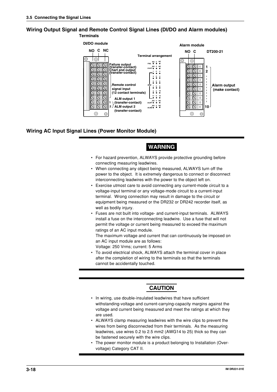 Warning, Caution, Terminals | No c nc | Yokogawa DR240 User Manual | Page 59 / 255