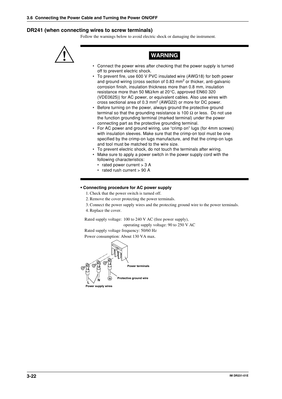 Warning, Dr241 (when connecting wires to screw terminals) | Yokogawa DR240 User Manual | Page 63 / 255