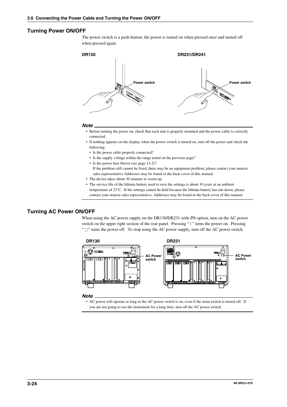 Turning power on/off, Turning ac power on/off | Yokogawa DR240 User Manual | Page 65 / 255