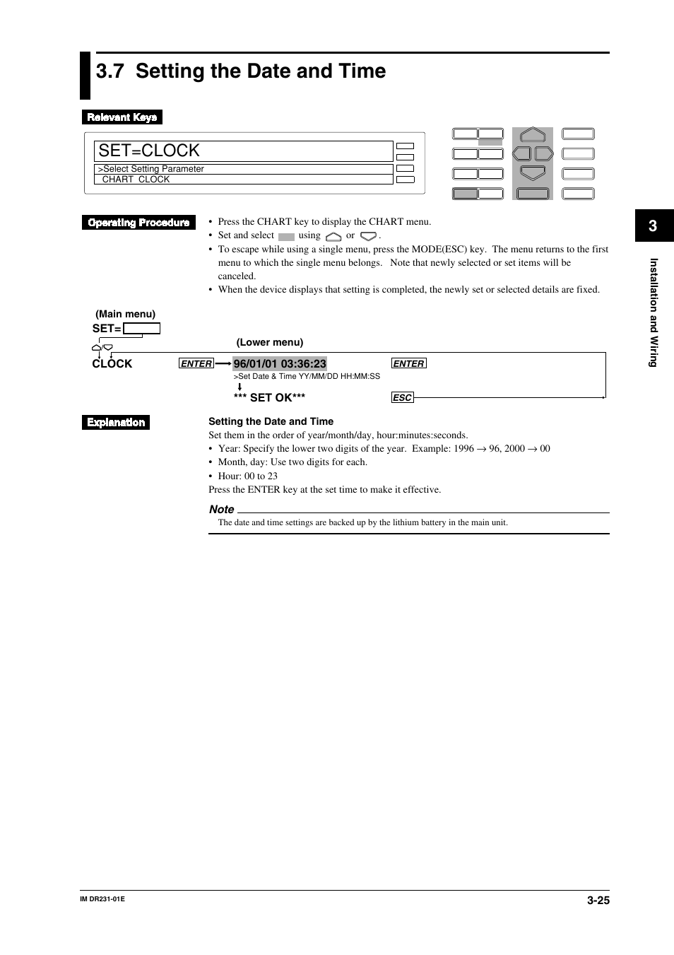 7 setting the date and time, Setting the date and time -25, Set=clock | Set ok | Yokogawa DR240 User Manual | Page 66 / 255