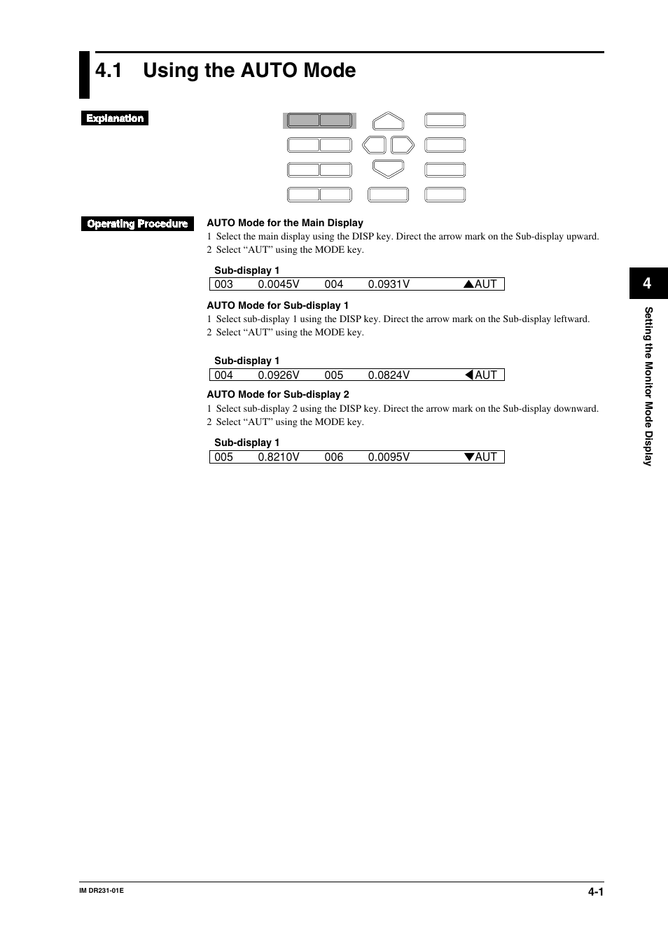 Chapter 4 setting the monitor mode display, 1 using the auto mode, Chapter 4 | Setting the monitor mode display, Using the auto mode -1 | Yokogawa DR240 User Manual | Page 77 / 255