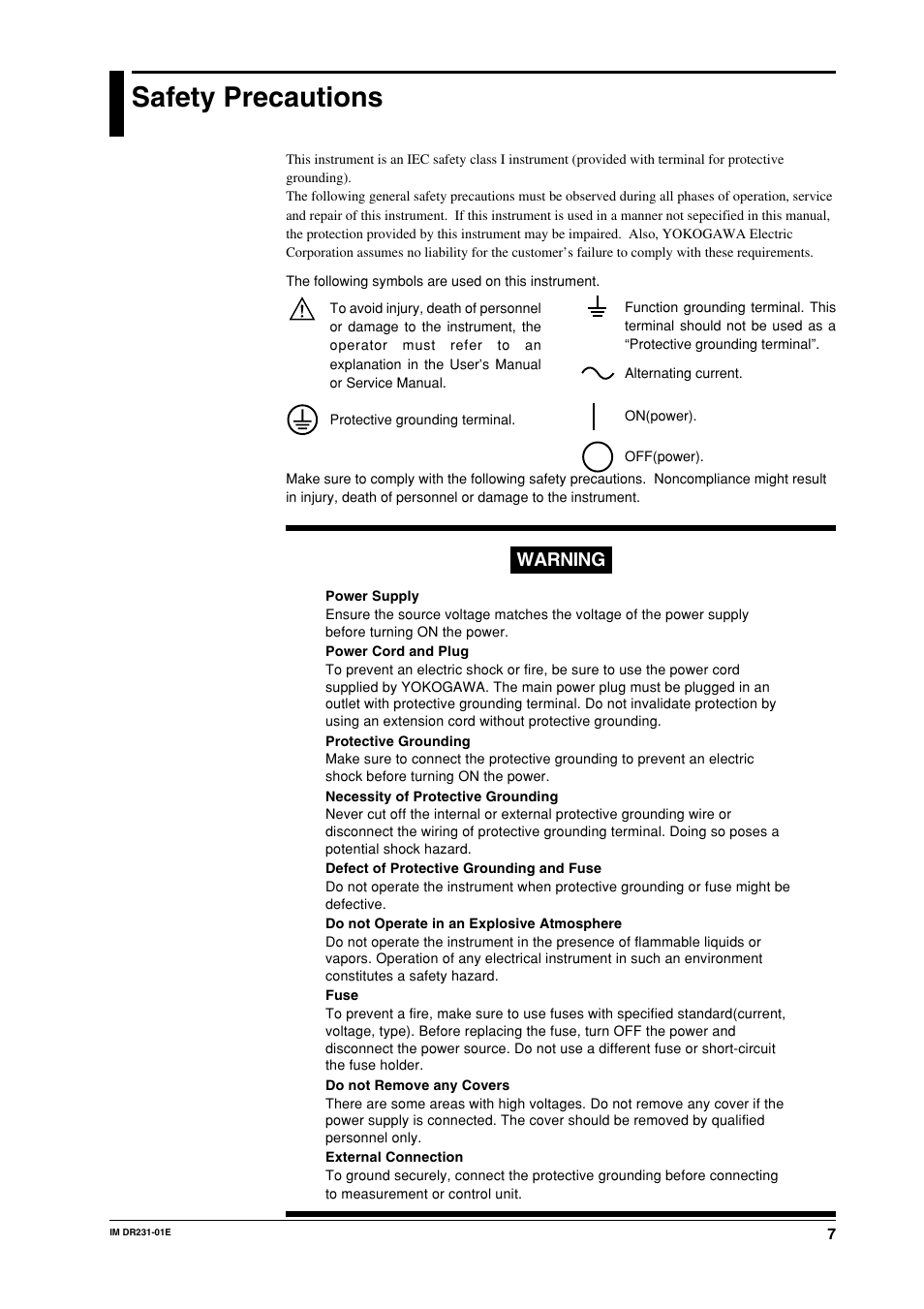 Safety precautions, Warning | Yokogawa DR240 User Manual | Page 8 / 255