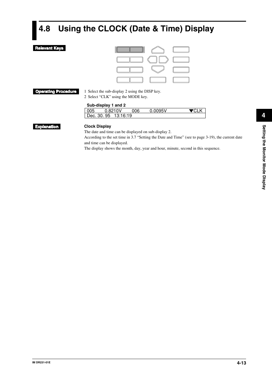 8 using the clock (date & time) display, Using the clock (date & time) display -13 | Yokogawa DR240 User Manual | Page 89 / 255