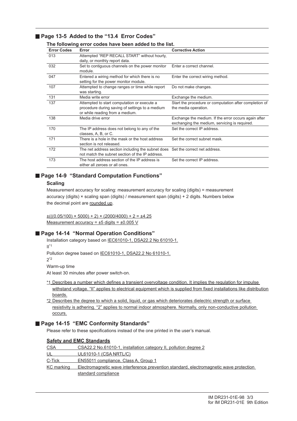 Page 14-9 “standard computation functions, Page 14-14 “normal operation conditions, Page 14-15 “emc conformity standards | Yokogawa DR240 User Manual | Page 3 / 3