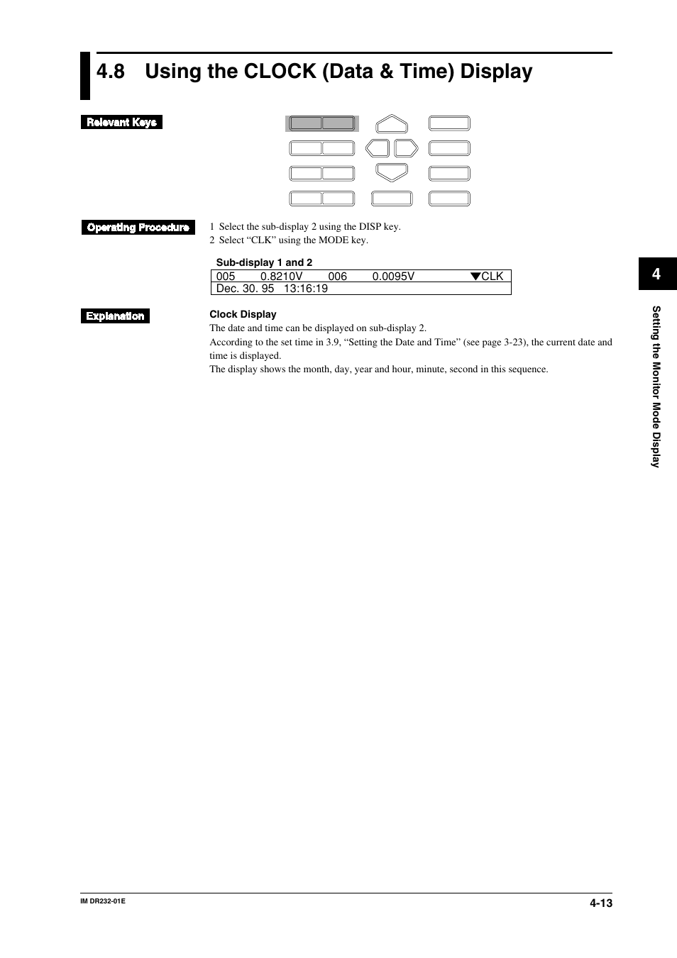 8 using the clock (data & time) display, Using the clock (data & time) display -13 | Yokogawa DR240 User Manual | Page 103 / 293