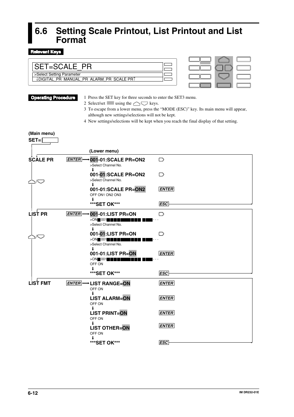 Set=scale_pr, 01:scale pr=on2, 01:list pr=on | Set ok*** list range=on, List alarm=on, List print=on, List other=on, Set ok*** scale pr list pr list fmt | Yokogawa DR240 User Manual | Page 129 / 293