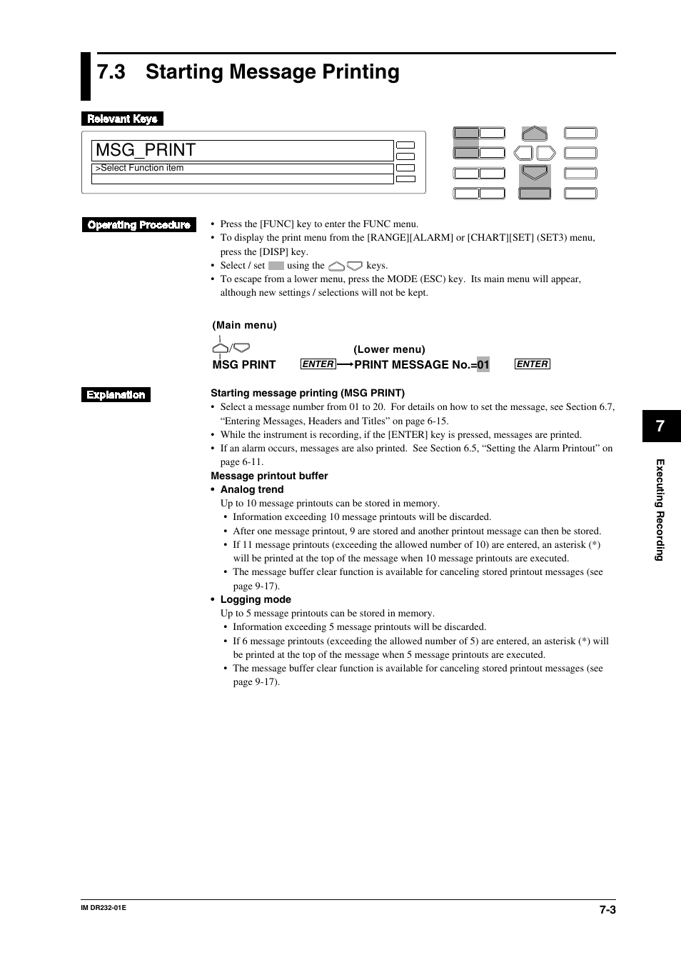 3 starting message printing, Starting message printing -3, Msg_print | Msg print print message no.=01 | Yokogawa DR240 User Manual | Page 137 / 293