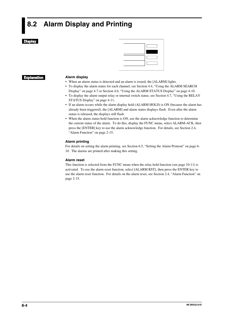 2 alarm display and printing, Alarm display and printing -4 | Yokogawa DR240 User Manual | Page 142 / 293