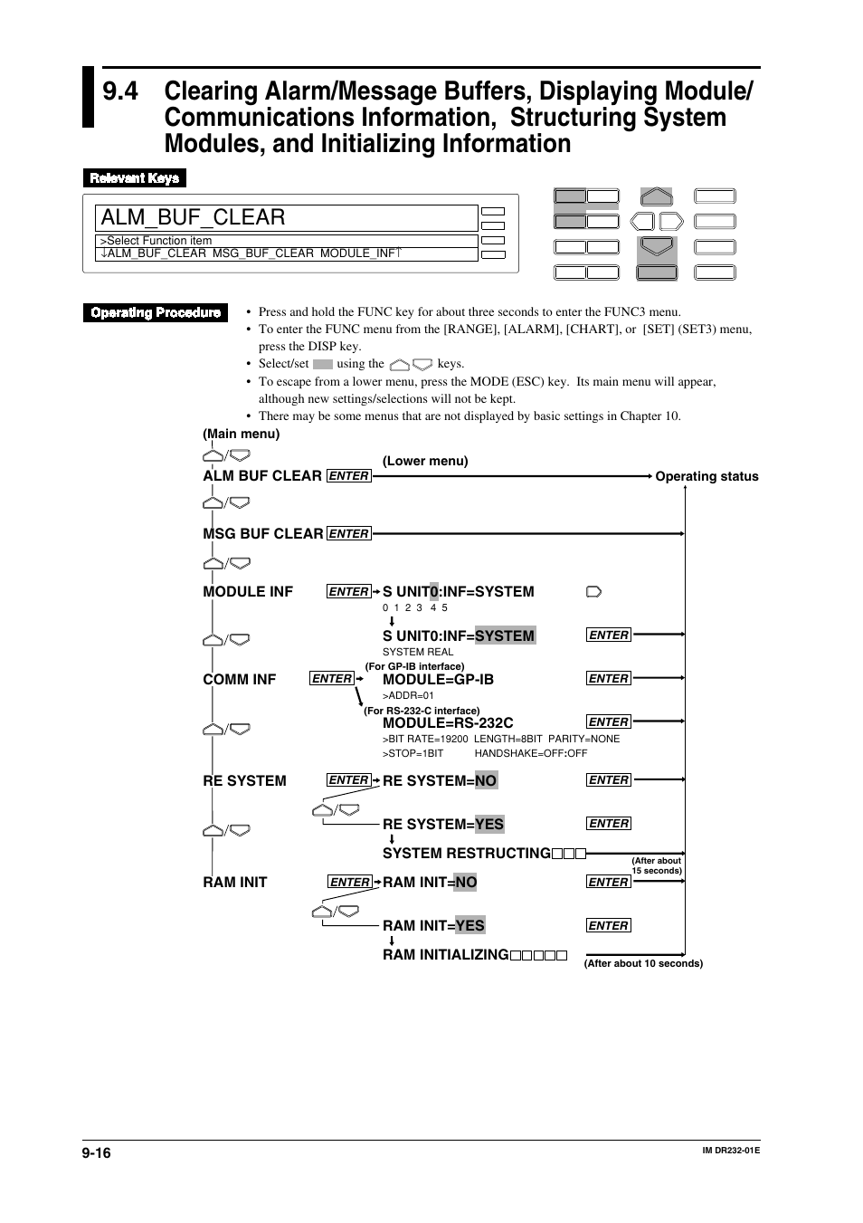 System modules, and initializing information -16, Alm_buf_clear, S unit0:inf=system | Module=gp-ib, Module=rs-232c | Yokogawa DR240 User Manual | Page 158 / 293