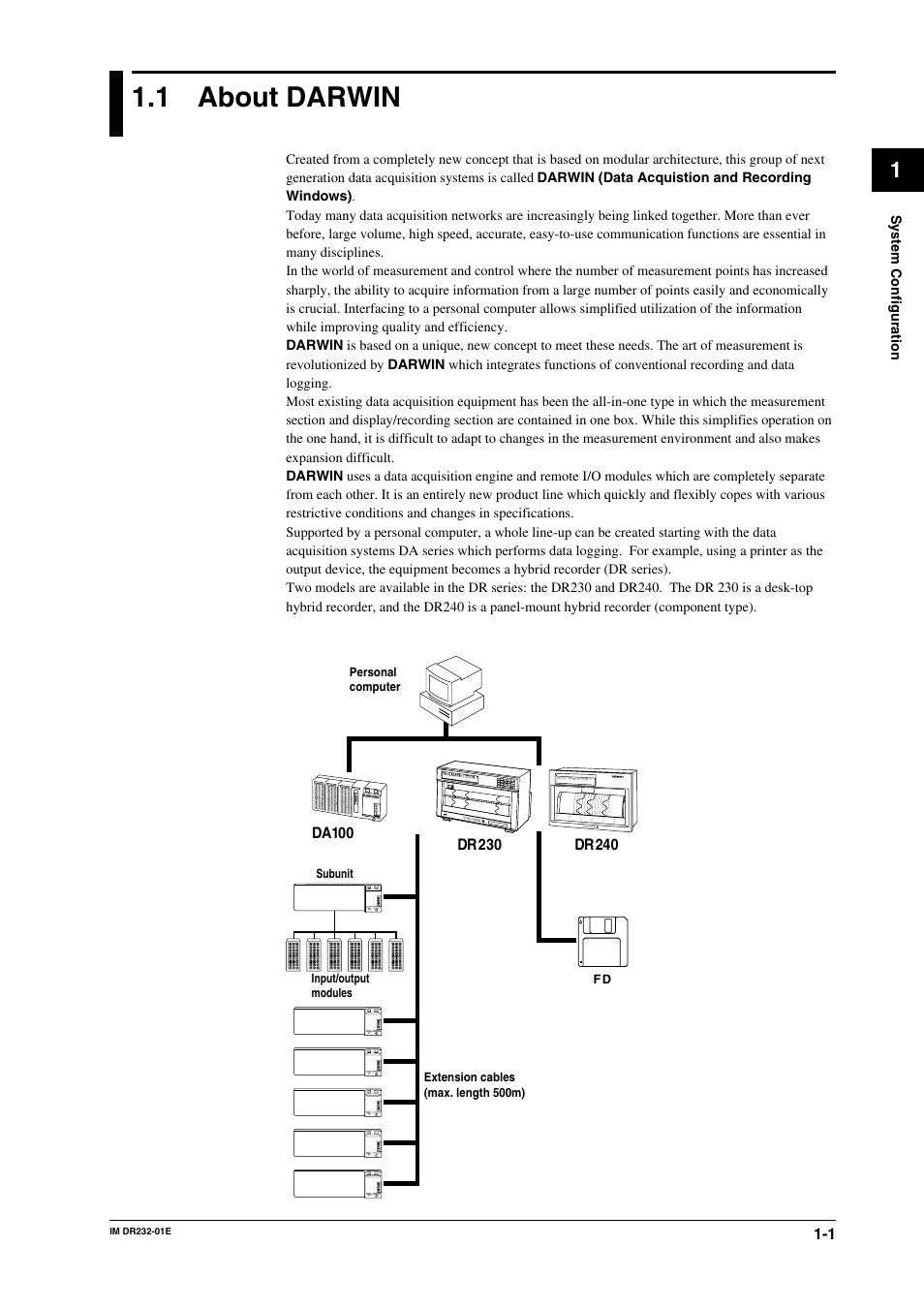 Chapter 1 system configuration, 1 about darwin, Chapter 1 | System configuration, About darwin -1 | Yokogawa DR240 User Manual | Page 16 / 293