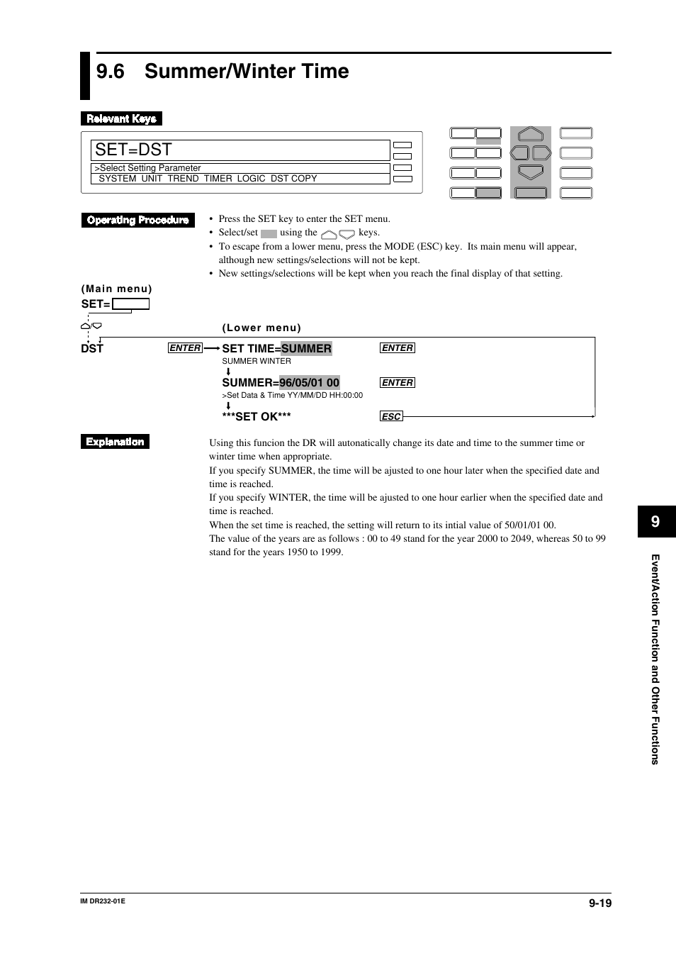 6 summer/winter time, Summer/winter time -19, Set=dst | Set time=summer, Set ok*** dst | Yokogawa DR240 User Manual | Page 161 / 293