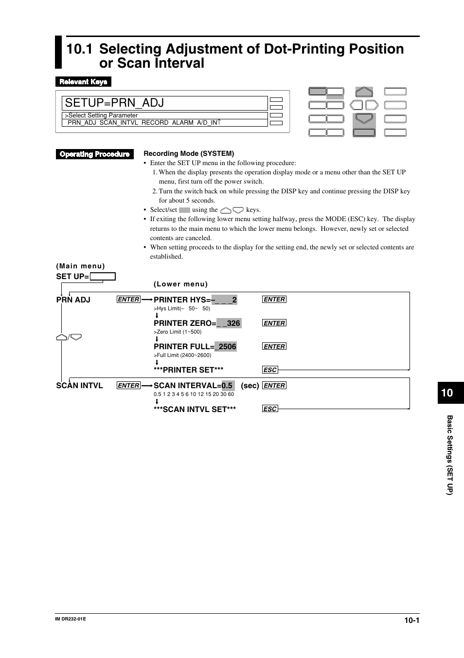 Chapter 10 basicn settings (set up), Setup=prn_adj, Set up= prn adj scan intvl printer hys | Printer zero, Printer full=_2506, Printer set*** scan interval=0.5 (sec), Scan intvl set | Yokogawa DR240 User Manual | Page 162 / 293