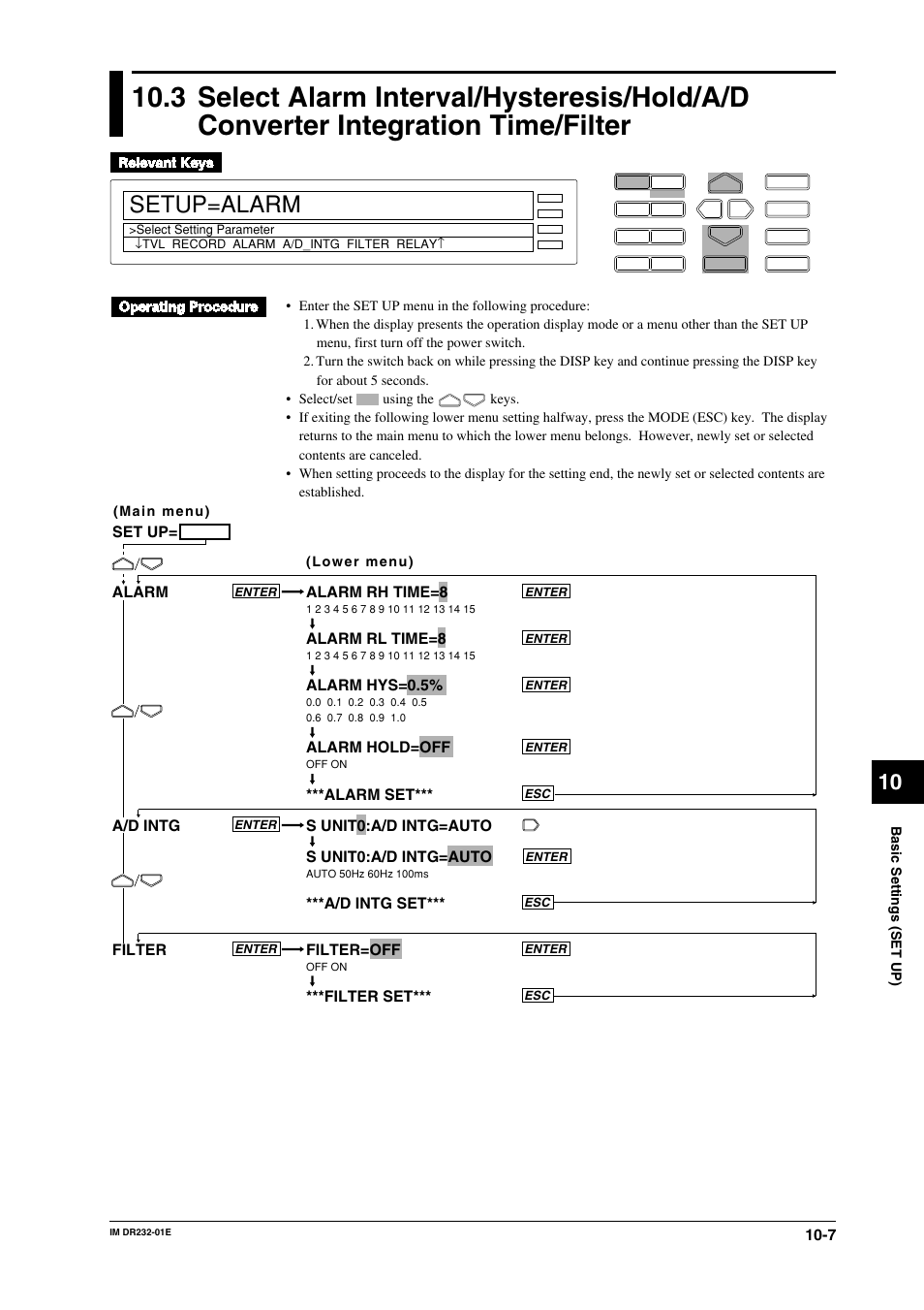 Setup=alarm, Alarm rh time=8, Alarm rl time=8 | Alarm hys=0.5, Alarm hold=off, A/d intg set*** filter=off, Filter set, Alarm a/d intg filter, Set up | Yokogawa DR240 User Manual | Page 168 / 293