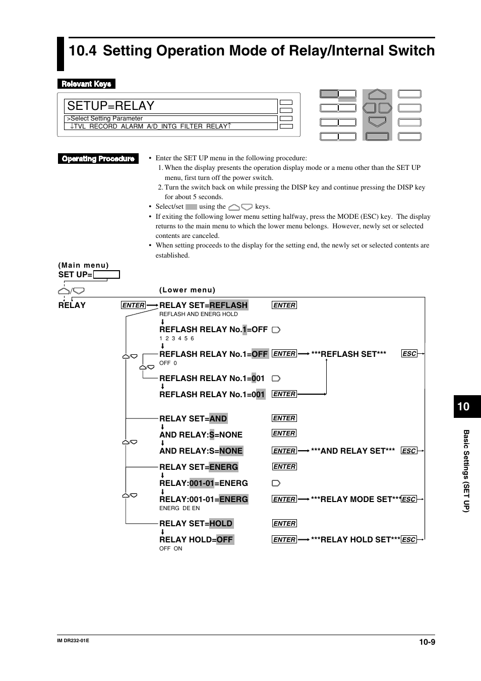 4 setting operation mode of relay/internal switch, Setting operation mode of relay/internal switch -9, Setup=relay | Relay set=reflash, Reflash relay no.1=off, Reflash relay no.1=001, Relay set=hold relay hold=off, Relay, Reflash set, And relay set | Yokogawa DR240 User Manual | Page 170 / 293