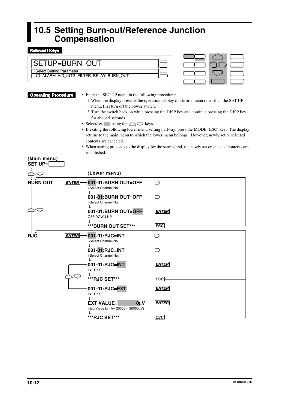 5 setting burn-out/reference junction compensation, Setup=burn_out, Burn out rjc | 01:burn out=off, 01:rjc=int, Ext value= µ v, Rjc set, Set up | Yokogawa DR240 User Manual | Page 173 / 293