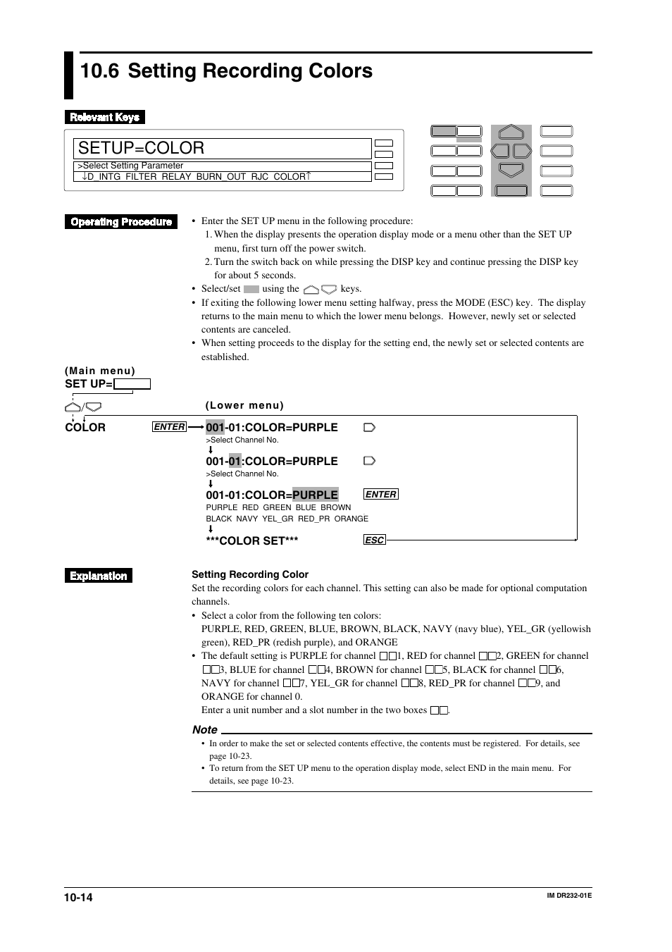 6 setting recording colors, Setting recording colors -14, Setup=color | 01:color=purple, Color set, Set up | Yokogawa DR240 User Manual | Page 175 / 293