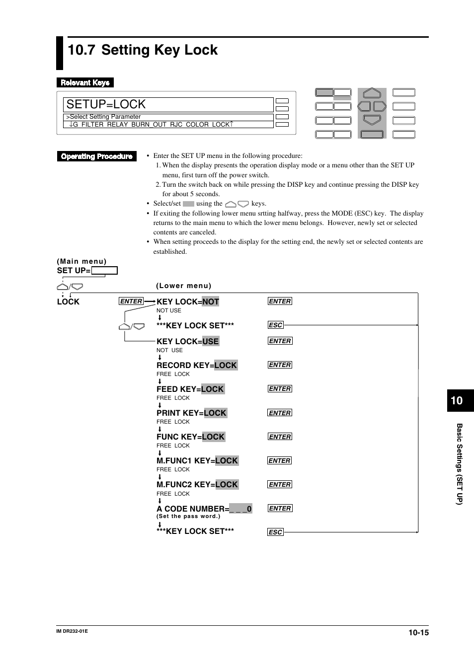 7 setting key lock, Setting key lock -15, Setup=lock | Key lock=not, Key lock set*** key lock=use, Record key=lock, Feed key=lock, Print key=lock, Func key=lock, M.func1 key=lock | Yokogawa DR240 User Manual | Page 176 / 293