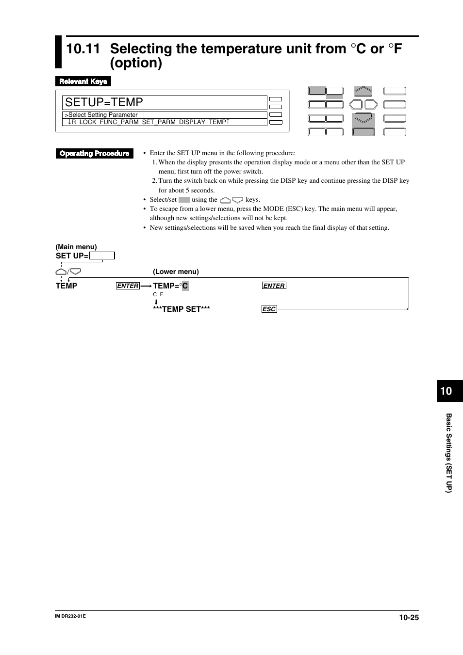 11 selecting the temperature unit from, C or °f (option) -25, C or | F(option), Setup=temp | Yokogawa DR240 User Manual | Page 186 / 293