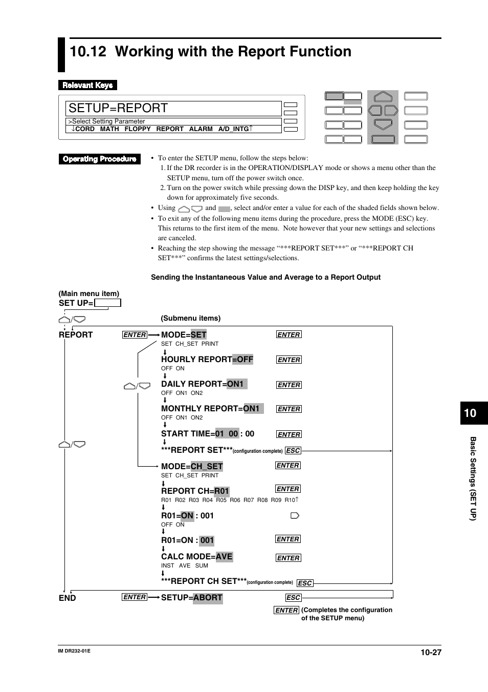 12 working with the report function, 12 working with the report function -27, Setup=report | Mode=set, Hourly report=off, Daily report=on1, Monthly report=on1, Mode=ch_set, Report ch=r01, Report ch set | Yokogawa DR240 User Manual | Page 188 / 293