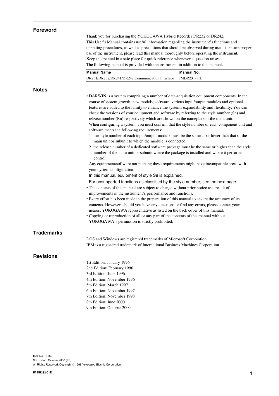 Foreword, Trademarks, Revisions | Yokogawa DR240 User Manual | Page 2 / 293