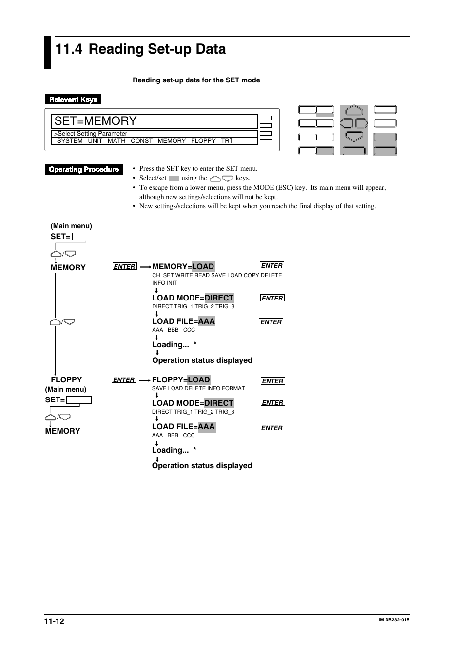 4 reading set-up data, Reading set-up data -12, Load mode=direct | Load file=aaa, Floppy floppy=load, Loading... * operation status displayed | Yokogawa DR240 User Manual | Page 207 / 293