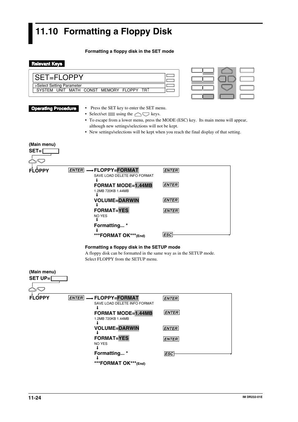 10 formatting a floppy disk, 10 formatting a floppy disk -24, Set=floppy | Floppy=format, Format mode=1.44mb, Volume=darwin format=yes, Formatting... * ***format ok, Set= floppy, Set up, Floppy floppy=format | Yokogawa DR240 User Manual | Page 219 / 293