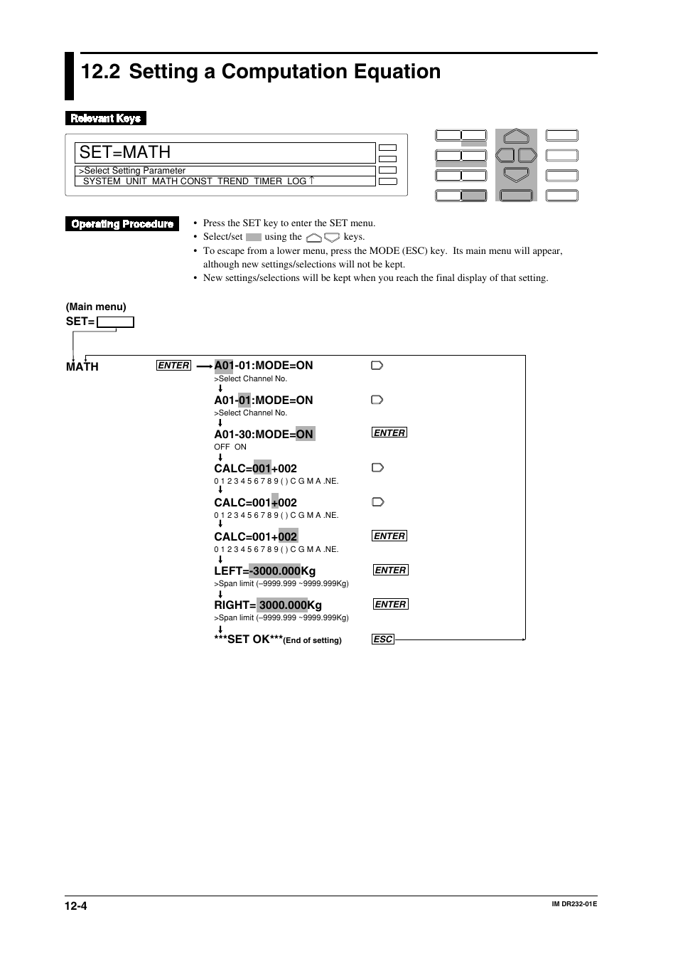 2 setting a computation equation, Setting a computation equation -4, Set=math | A01-01:mode=on, A01-30:mode=on, Set ok, Set= math | Yokogawa DR240 User Manual | Page 224 / 293