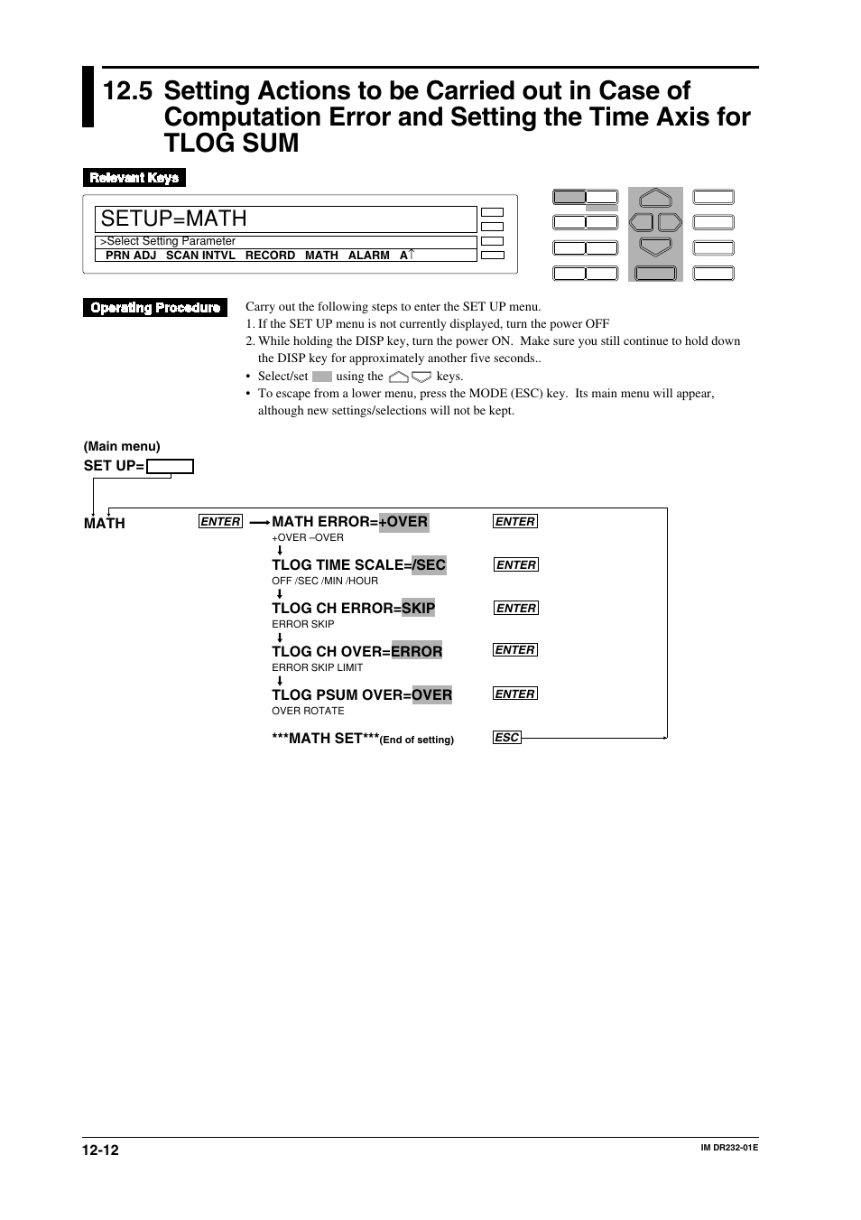 Sum -12, Setup=math, Math error=+over | Tlog time scale=/sec, Tlog ch error=skip, Tlog ch over=error, Tlog psum over=over, Math set, Set up= math | Yokogawa DR240 User Manual | Page 232 / 293