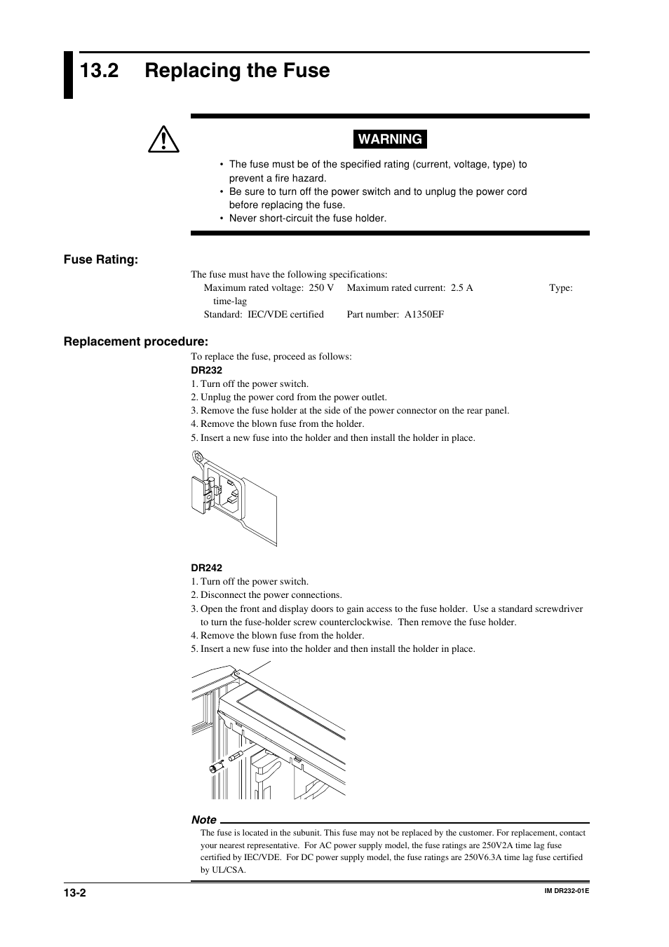 2 replacing the fuse, Replacing the fuse -2, Warning | Yokogawa DR240 User Manual | Page 235 / 293